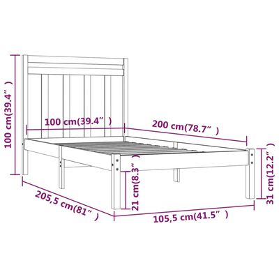 vidaXL Okvir za krevet od masivnog drva crni 100 x 200 cm