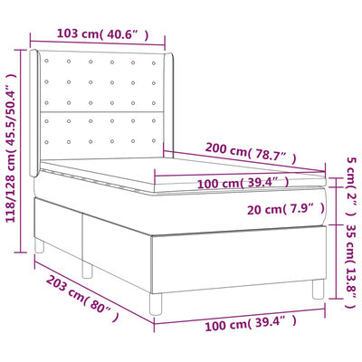 vidaXL Krevet box spring s madracem LED svjetlosivi 100x200 cm baršun