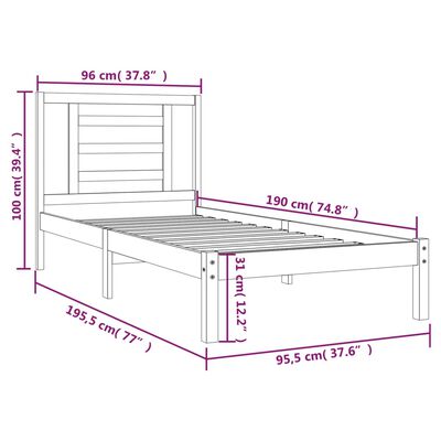 vidaXL Okvir za krevet od masivne borovine bijeli 90x190 cm 3FT mali