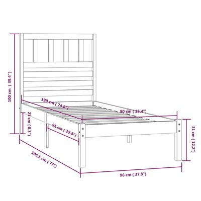 vidaXL Okvir za krevet od borovine bijela 90x190 cm jednokrevetni