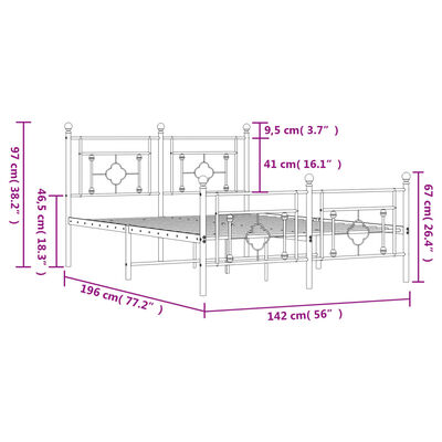 vidaXL Metalni okvir kreveta uzglavlje i podnožje crni 135x190 cm