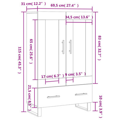 vidaXL Visoka komoda boja betona 69,5 x 31 x 115 cm konstruirano drvo