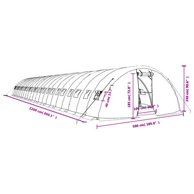 vidaXL Staklenik s čeličnim okvirom zeleni 110 m² 22 x 5 x 2,3 m