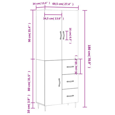 vidaXL Visoka komoda boja hrasta 69,5x34x180 cm od konstruiranog drva