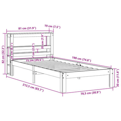 vidaXL Okvir kreveta s uzglavljem bijeli 75x190 cm od borovine