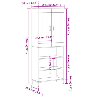 vidaXL Visoka komoda sjajna bijela 69,5x34x180 cm konstruirano drvo