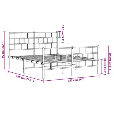 vidaXL Metalni okvir kreveta uzglavlje i podnožje bijeli 135 x 190 cm