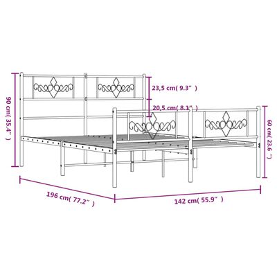 vidaXL Metalni okvir kreveta uzglavlje i podnožje bijeli 135 x 190 cm