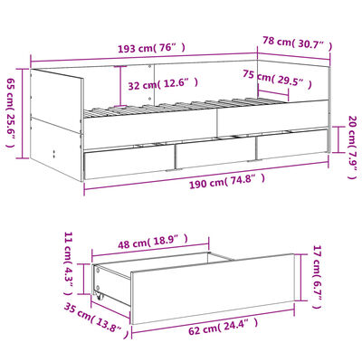 vidaXL Dnevni krevet s ladicama bez madraca bijeli 75x190 cm