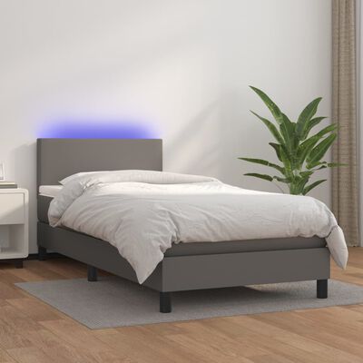 vidaXL Krevet box spring s madracem LED sivi 90x200 cm od umjetne kože