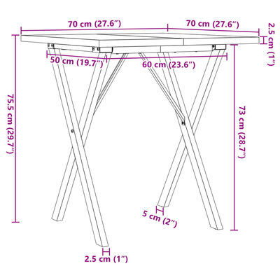 vidaXL Blagovaonski stol X-oblika 70x70x75,5 cm od borovine i željeza