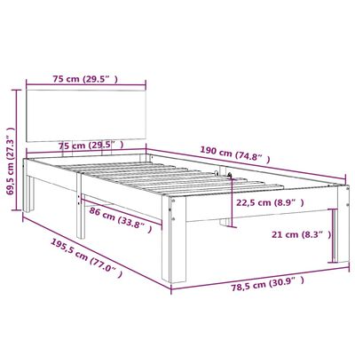 vidaXL Okvir za krevet crni masivno drvo 75x190 cm 2FT6 jednokrevetni