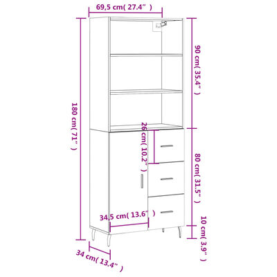 vidaXL Visoka komoda dimljeni hrast 69,5x34x180 cm konstruiranog drva