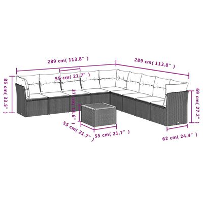 vidaXL 10-dijelni set vrtnih sofa s jastucima crni od poliratana