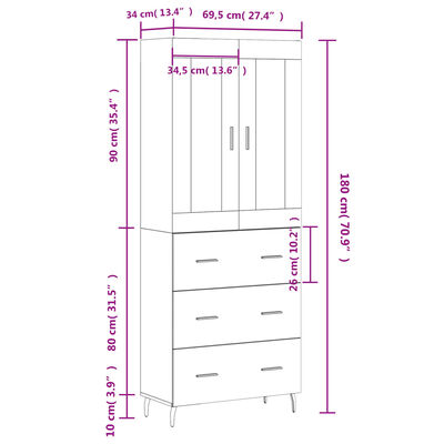 vidaXL Visoka komoda dimljeni hrast 69,5x34x180 cm konstruiranog drva