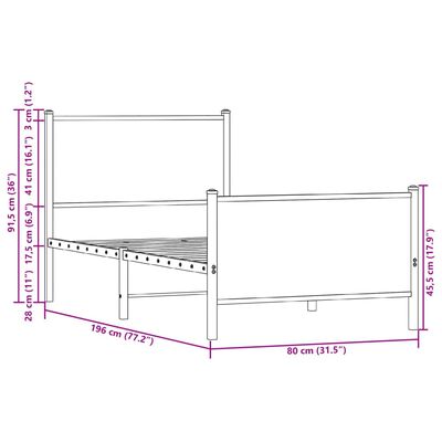 vidaXL Metalni okvir kreveta bez madraca boja hrasta 75x190 cm