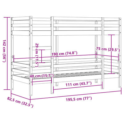 vidaXL Krevet na kat bijeli 75 x 190 cm od masivne borovine