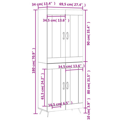 vidaXL Visoka komoda sjajna bijela 69,5x34x180 cm konstruirano drvo