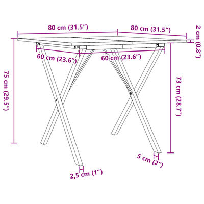 vidaXL Blagovaonski stol X-oblika 80x80x75 cm od borovine i željeza