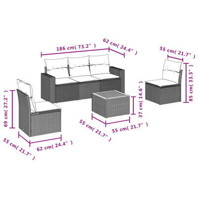 vidaXL 6-dijelni set vrtnih sofa s jastucima crni od poliratana