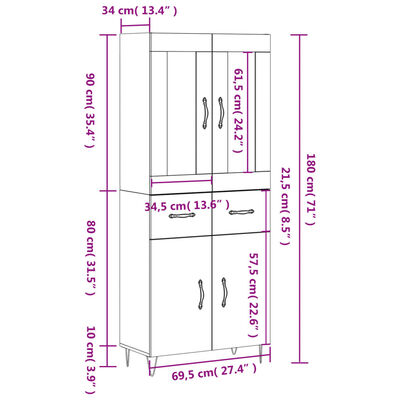 vidaXL Visoka komoda bijela 69,5x34x180 cm konstruirano drvo