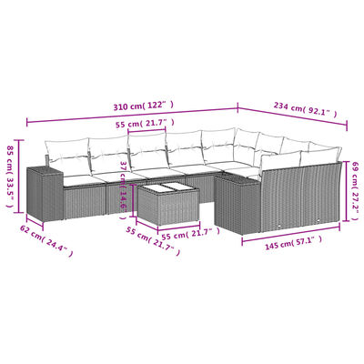 vidaXL 10-dijelni set vrtnih sofa s jastucima bež od poliratana