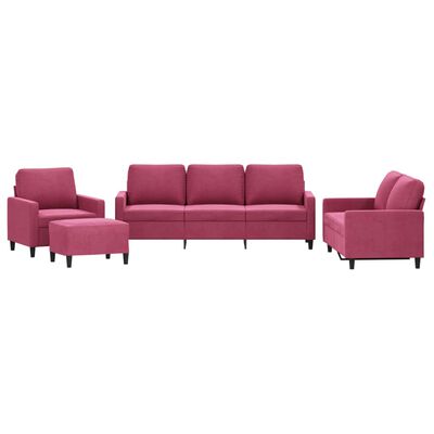 vidaXL 4-dijelni set sofa s jastucima crvena boja vina baršunasti