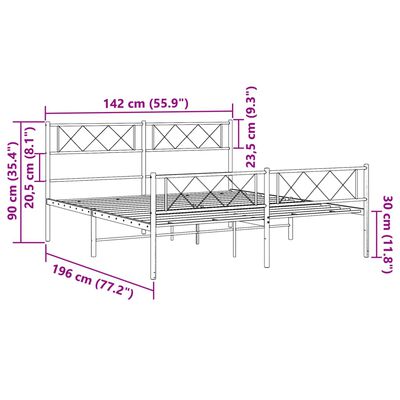 vidaXL Metalni okvir kreveta uzglavlje i podnožje bijeli 135 x 190 cm