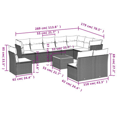 vidaXL 11-dijelni set vrtnih sofa od poliratana s jastucima crni