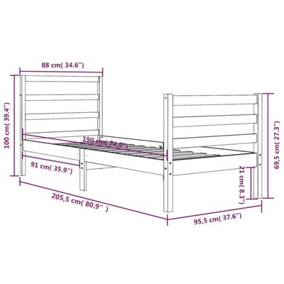 vidaXL Okvir za krevet od masivne borovine crni 90 x 200 cm