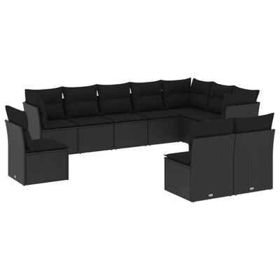 vidaXL 10-dijelni set vrtnih sofa s jastucima crni od poliratana