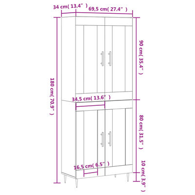 vidaXL Visoka komoda siva sonome 69,5x34x180 cm od konstruiranog drva