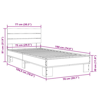 vidaXL Okvir za krevet crni 75 x 190 cm od konstruiranog drvo i metal