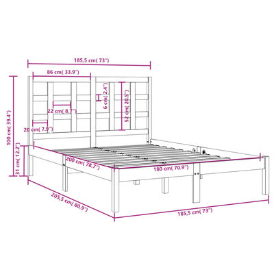 vidaXL Okvir za krevet od masivnog drva bijeli 180 x 200 cm 6FT veliki