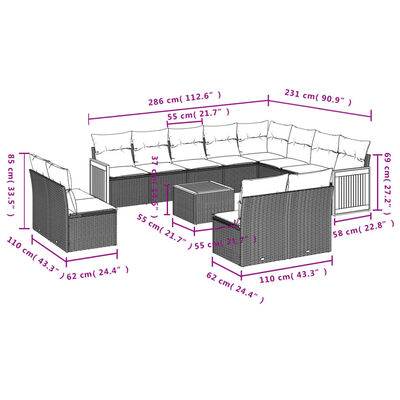 vidaXL 13-dijelni set vrtnih sofa s jastucima poliratan crni