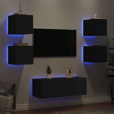 vidaXL 6-dijelni zidni TV elementi s LED svjetlima crni drveni