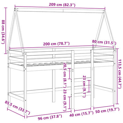 vidaXL Krevet na kat s ljestvama i krovom bijeli 80x200 cm od borovine