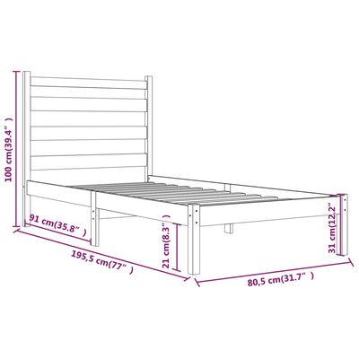 vidaXL Okvir za krevet od borovine crni 75 x 190 cm 2FT6 jednokrevetni