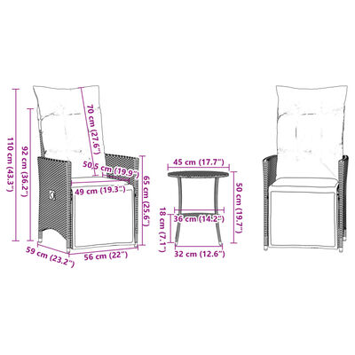 vidaXL 3-dijelni bistro set s jastucima crni od poliratana