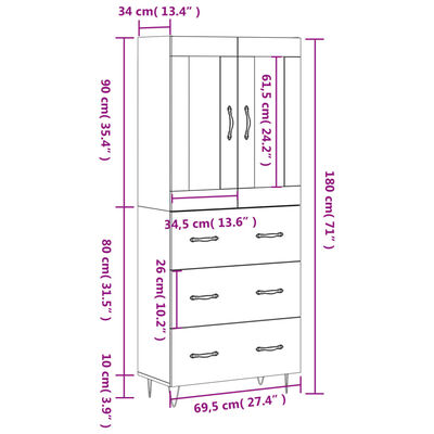 vidaXL Visoka komoda sjajna bijela 69,5x34x180 cm konstruirano drvo