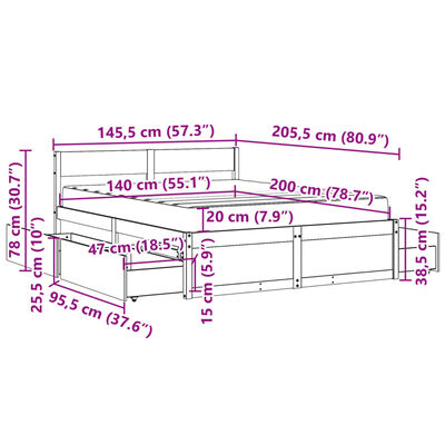 vidaXL Krevet s ladicama i madracem voštano smeđi 140x200 cm borovina