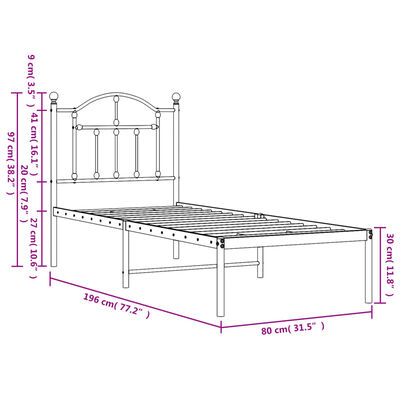 vidaXL Metalni okvir krevet bez madraca s uzglavljem bijeli 75x190 cm