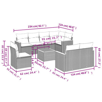 vidaXL 9-dijelni set vrtnih sofa s jastucima crni od poliratana