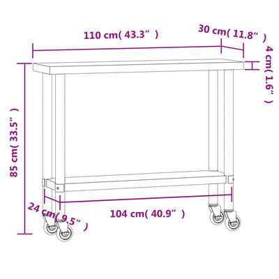 vidaXL Kuhinjski radni stol s kotačima 110x30x85 cm nehrđajući čelik