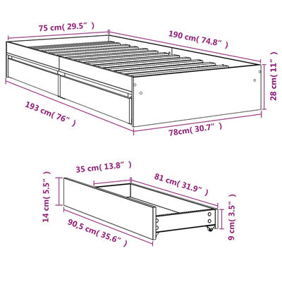 vidaXL Okvir kreveta s ladicama siva boja hrasta 75 x 190 cm drveni