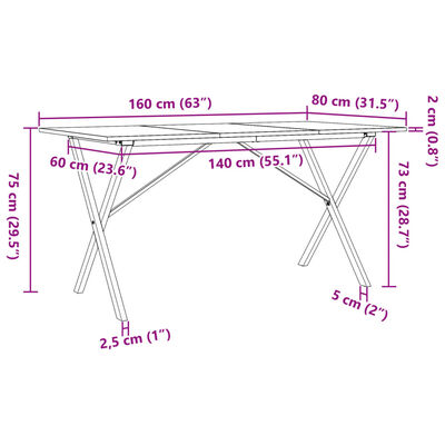 vidaXL Blagovaonski stol X-oblika 160x80x75 cm od borovine i željeza