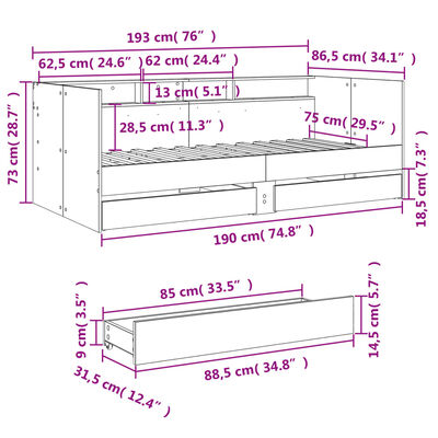 vidaXL Dnevni krevet s ladicama bez madraca crni 75x190 cm