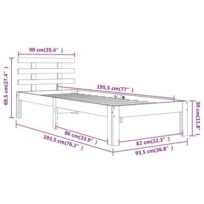 vidaXL Okvir za krevet crni od masivnog drva 90 x 190 cm mali