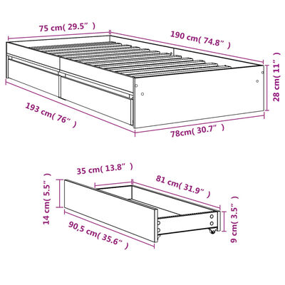 vidaXL Okvir kreveta s ladicama boja hrasta sonome 75x190 cm drveni