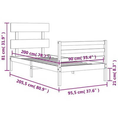 vidaXL Okvir kreveta s uzglavljem bijeli 90 x 200 cm od masivnog drva